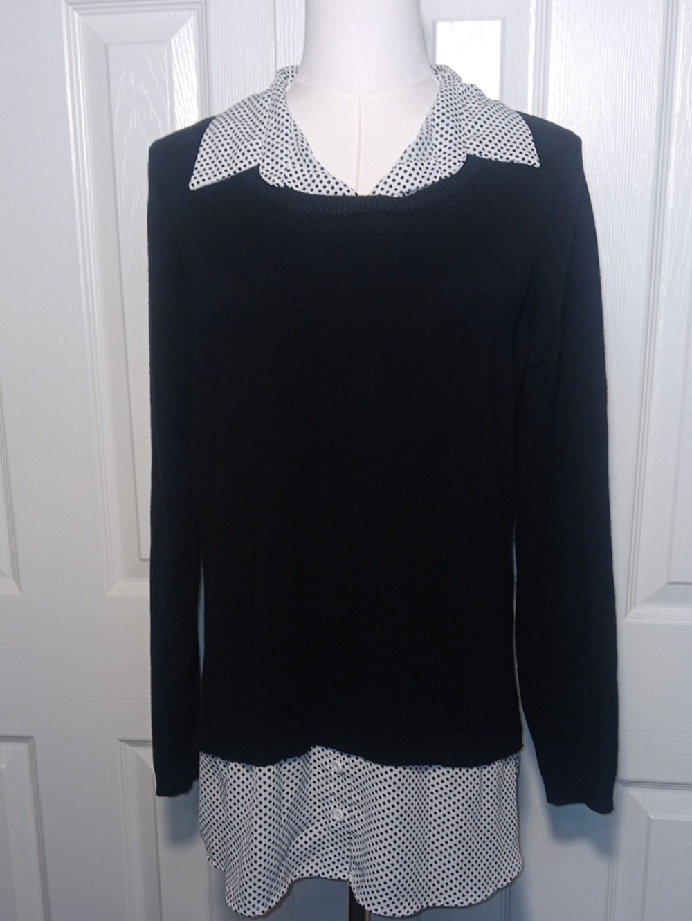 Adrianna Papell Black Layered Twofer Sweater Polka Dot Collar Hem - Picture 2 of 12